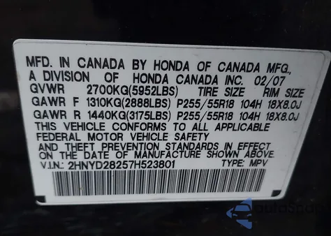 2007 Acura Mdx from USA, damaged, VIN 2HNYD28257H523801